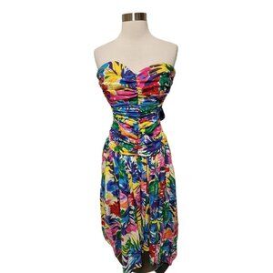 90s Vintage Womens Floral Print Dress Tie Back Strapless Size 8 Colorful